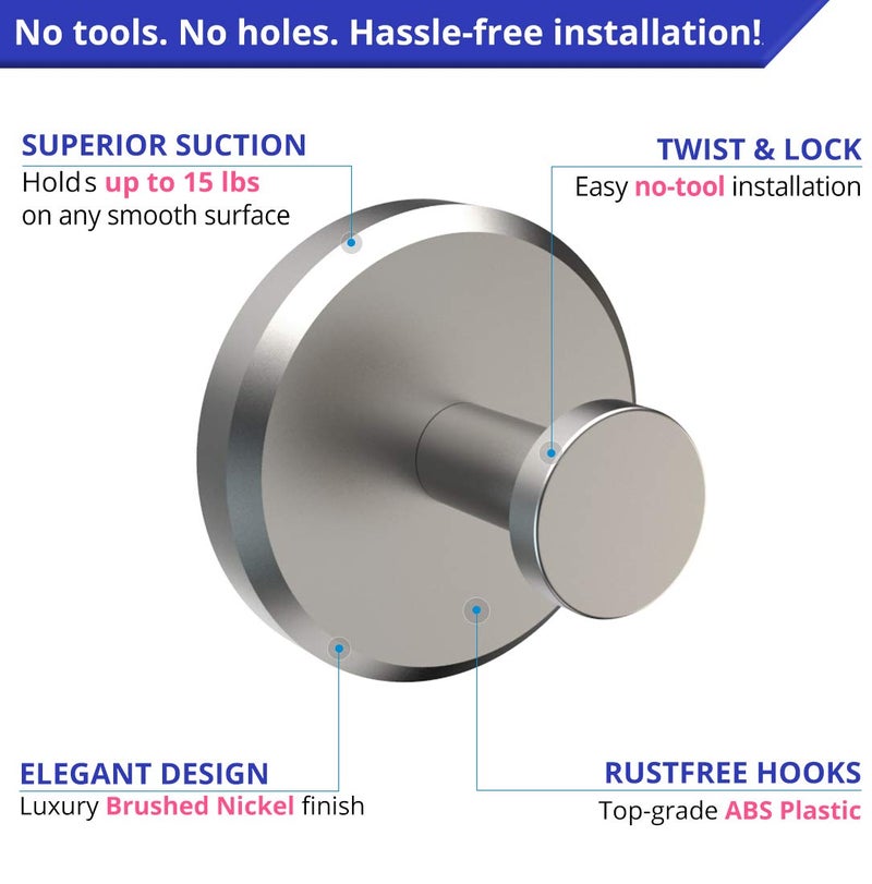 HOME SO Suction Cup Hooks for Shower, Bathroom, Kitchen, Glass Door, Mirror, Tile - Loofah, Towel, Coat, Bath Robe for Hanging up to 15 lbs - Polished Matte Chrome, Brushed Nickel (2-pack) - Image 5